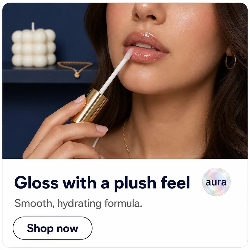 Aura lip gloss ad creative open in the editing canvas with Canva and Adobe Express