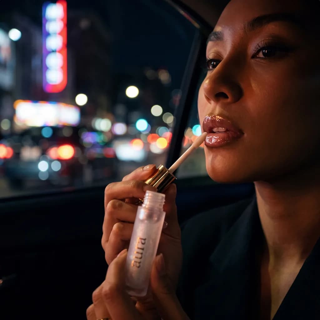 Aura lip gloss applied in a city-lit car