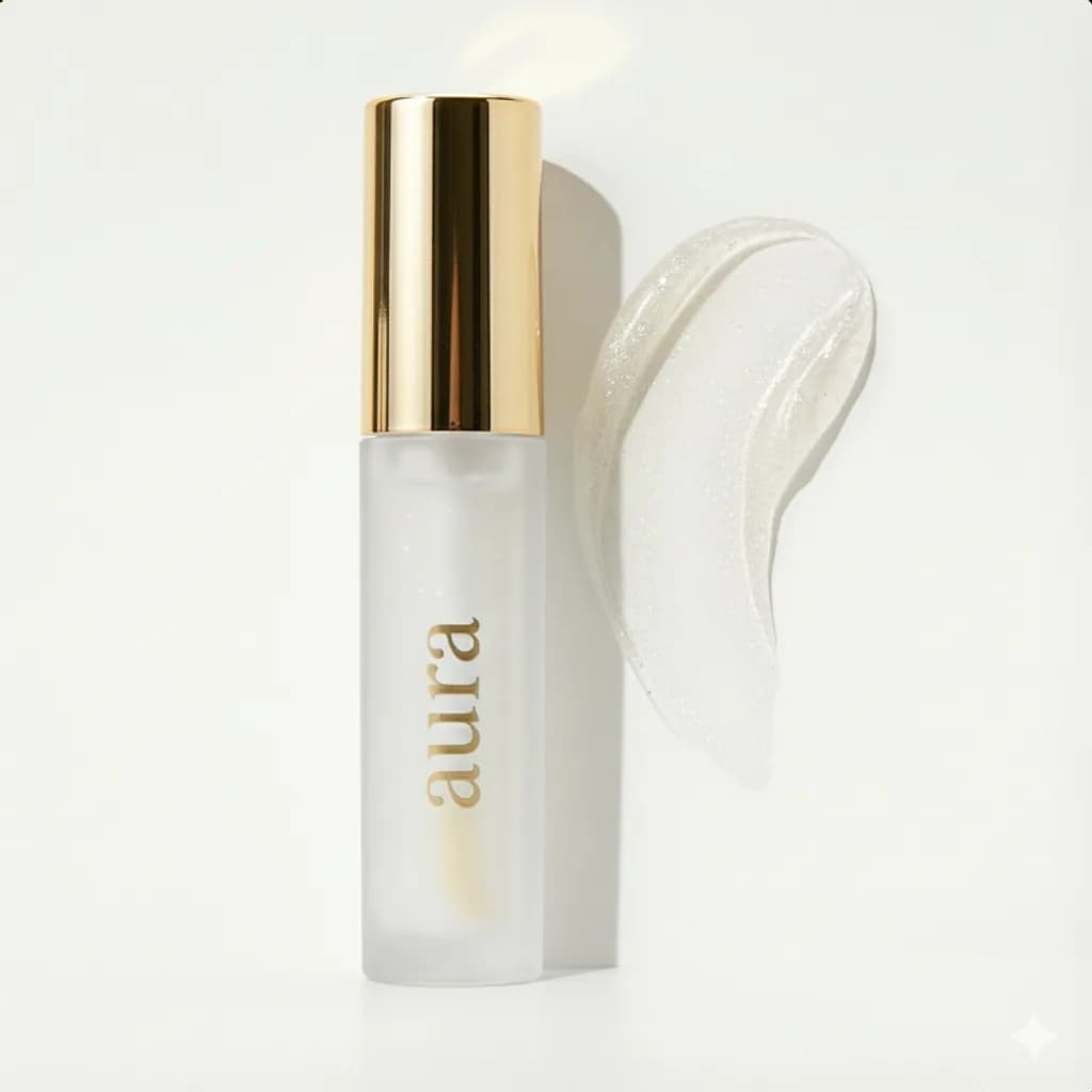 Aura lip gloss beside a gloss swatch