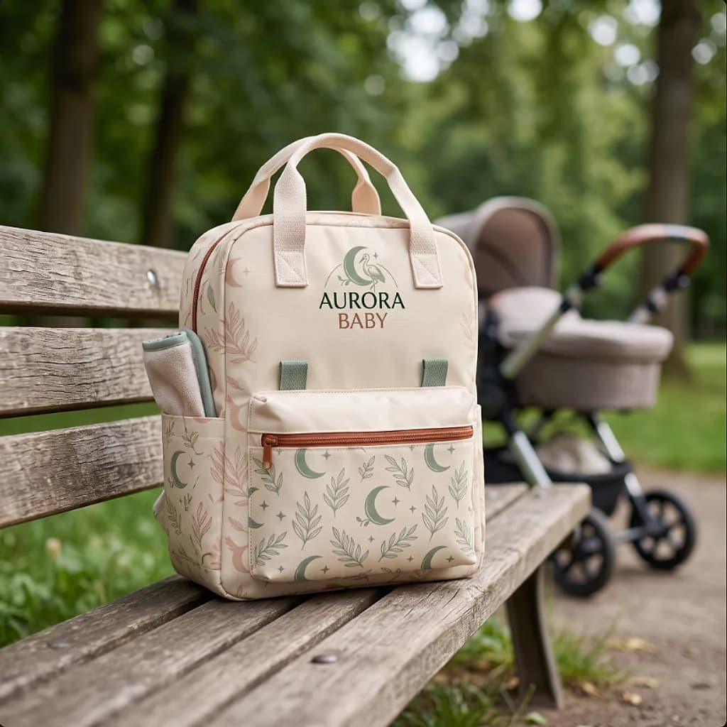 Aurora Baby diaper bag park bench photo generated on brand