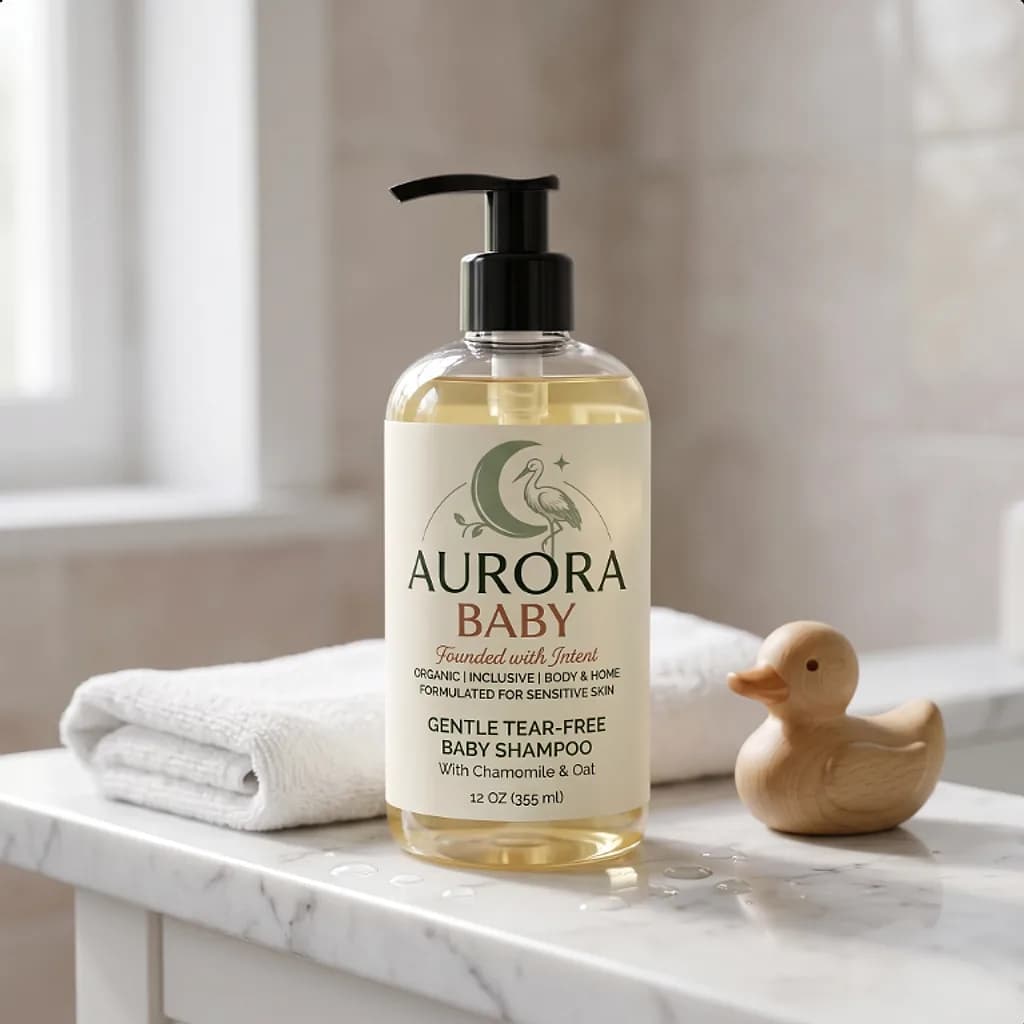Aurora Baby shampoo on a bathroom counter