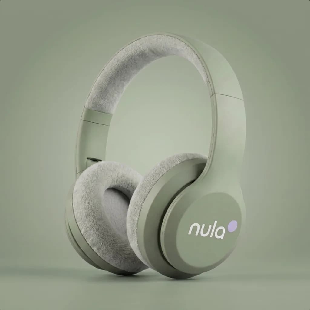 Nula Sage Mist headphones studio photo on a sage backdrop generated for the product page in the same call
