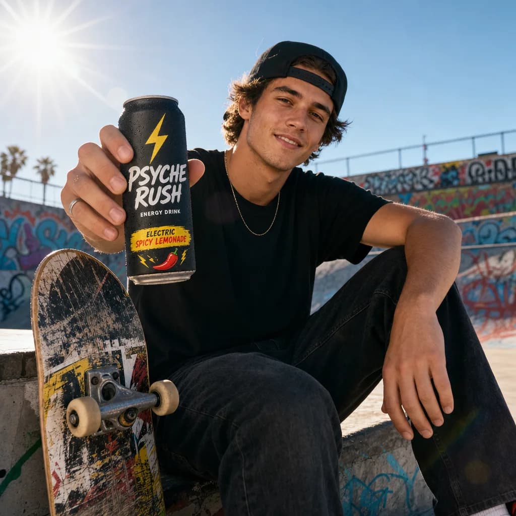 Skater holding a Psyche Rush can