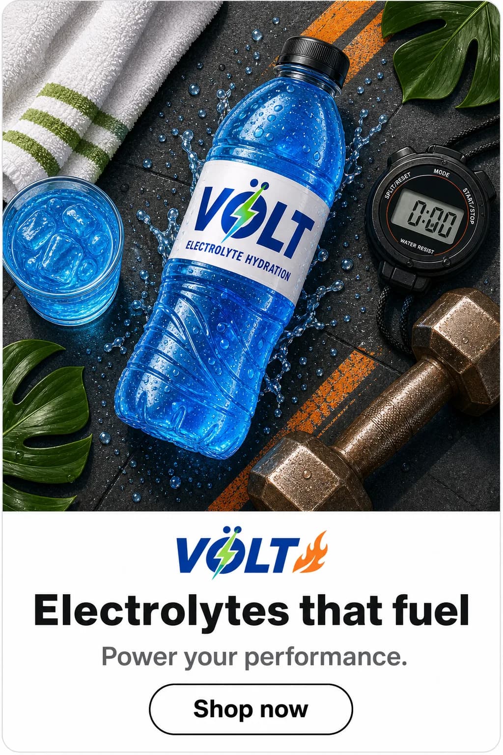 Völt electrolyte hydration half page ad with a bottle on wet gym flooring