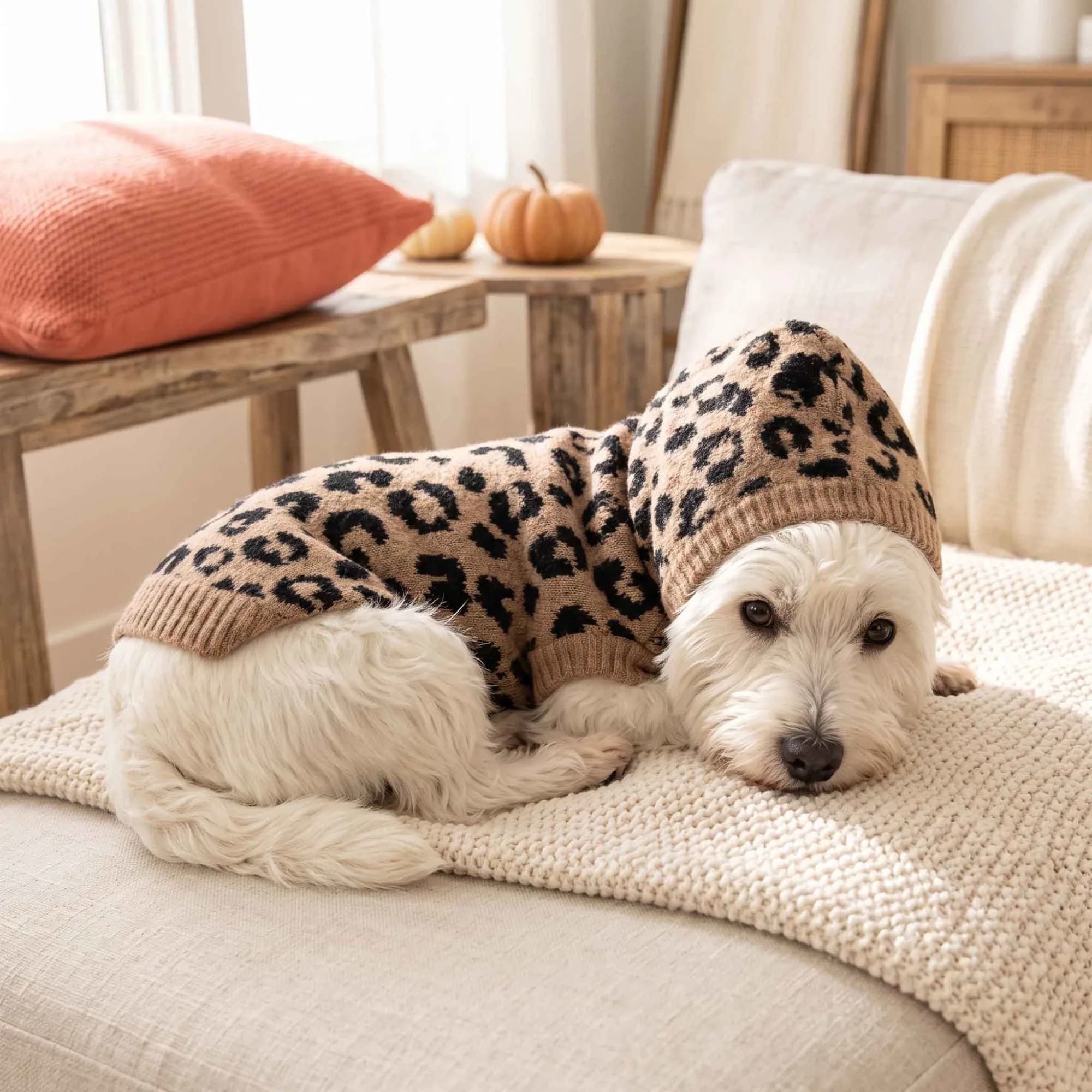 Westie in the Oodles leopard print hooded sweater with the hood up, curled on a knit throw on a couch beside a small pumpkin and a coral cushion