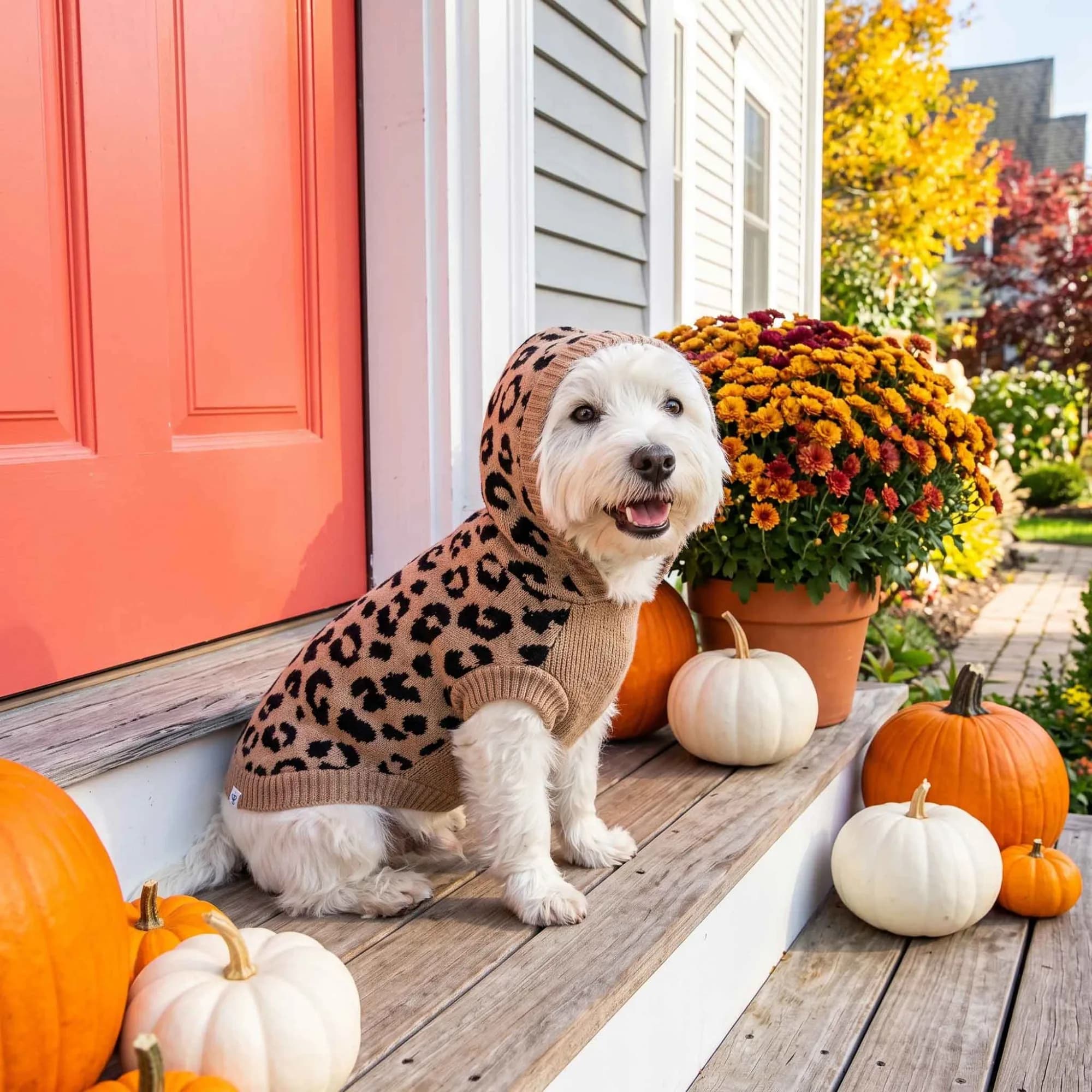Westie in the Oodles leopard print hooded sweater with the hood up, sitting on front porch steps beside a coral door, orange mums, and white pumpkins
