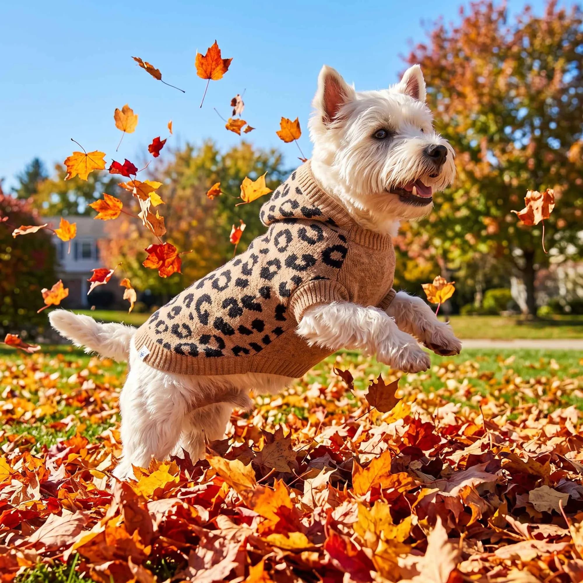 Westie in the Oodles leopard print hooded sweater leaping through a pile of orange and red autumn leaves