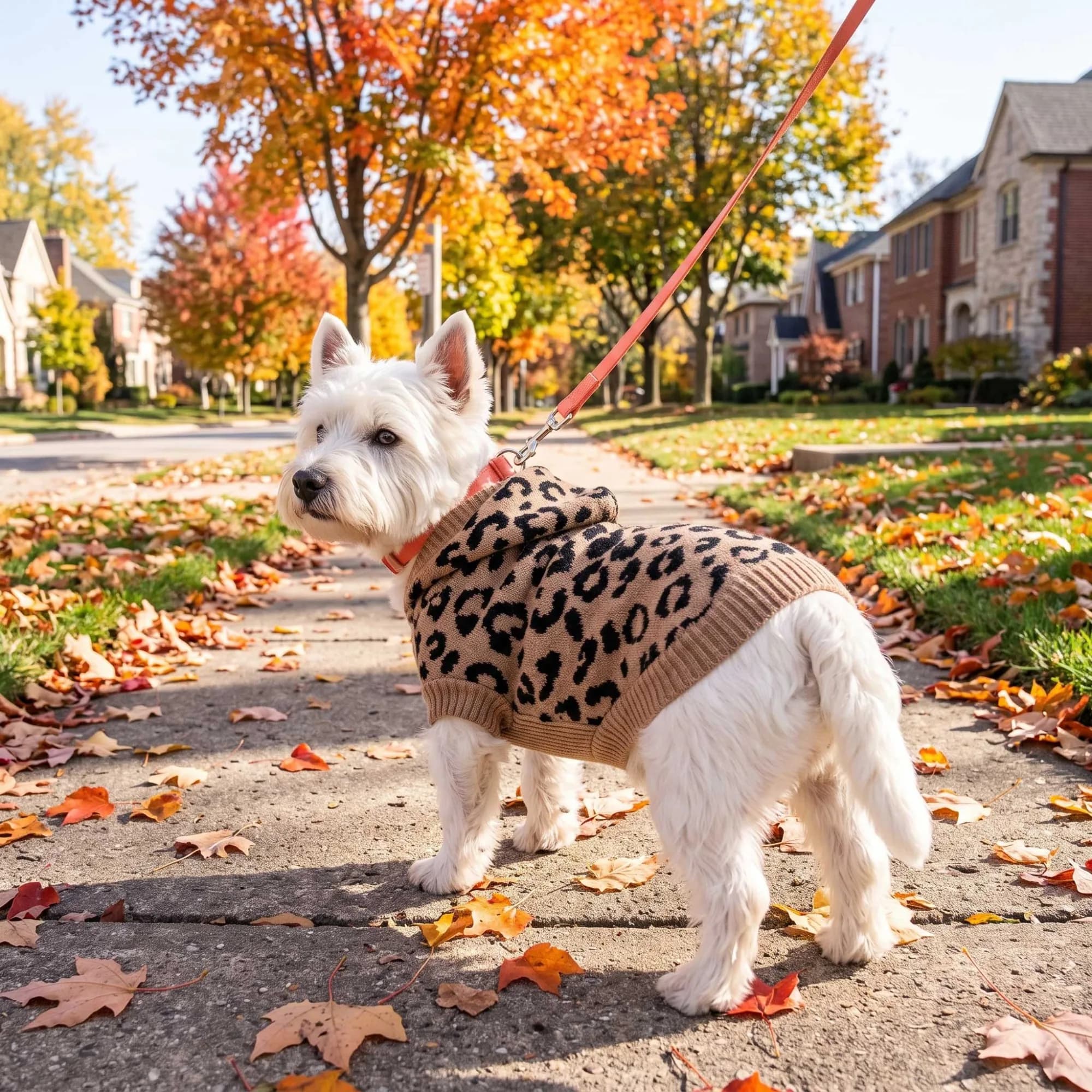 Westie in the Oodles leopard print hooded sweater on a coral leash, standing on a leaf-covered sidewalk in a tree-lined neighborhood in fall