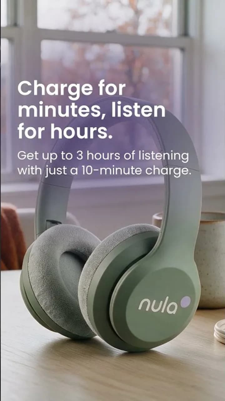 Vertical Nula social video frame showing the headphones on a desk beside the ten minute charge claim