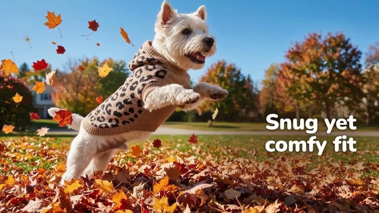 Westie in the Oodles leopard print hooded sweater mid-leap through a pile of fall leaves beside the snug yet comfy fit headline