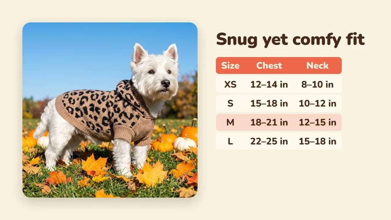 Westie in the Oodles leopard print hooded sweater standing among pumpkins beside a size chart for XS through L under the snug yet comfy fit headline