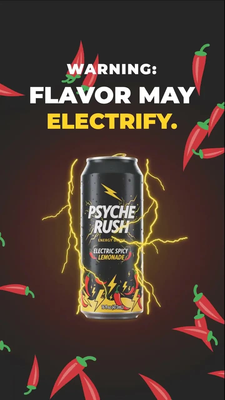 Vertical Psyche Rush social video frame carrying the flavor may electrify warning above the can