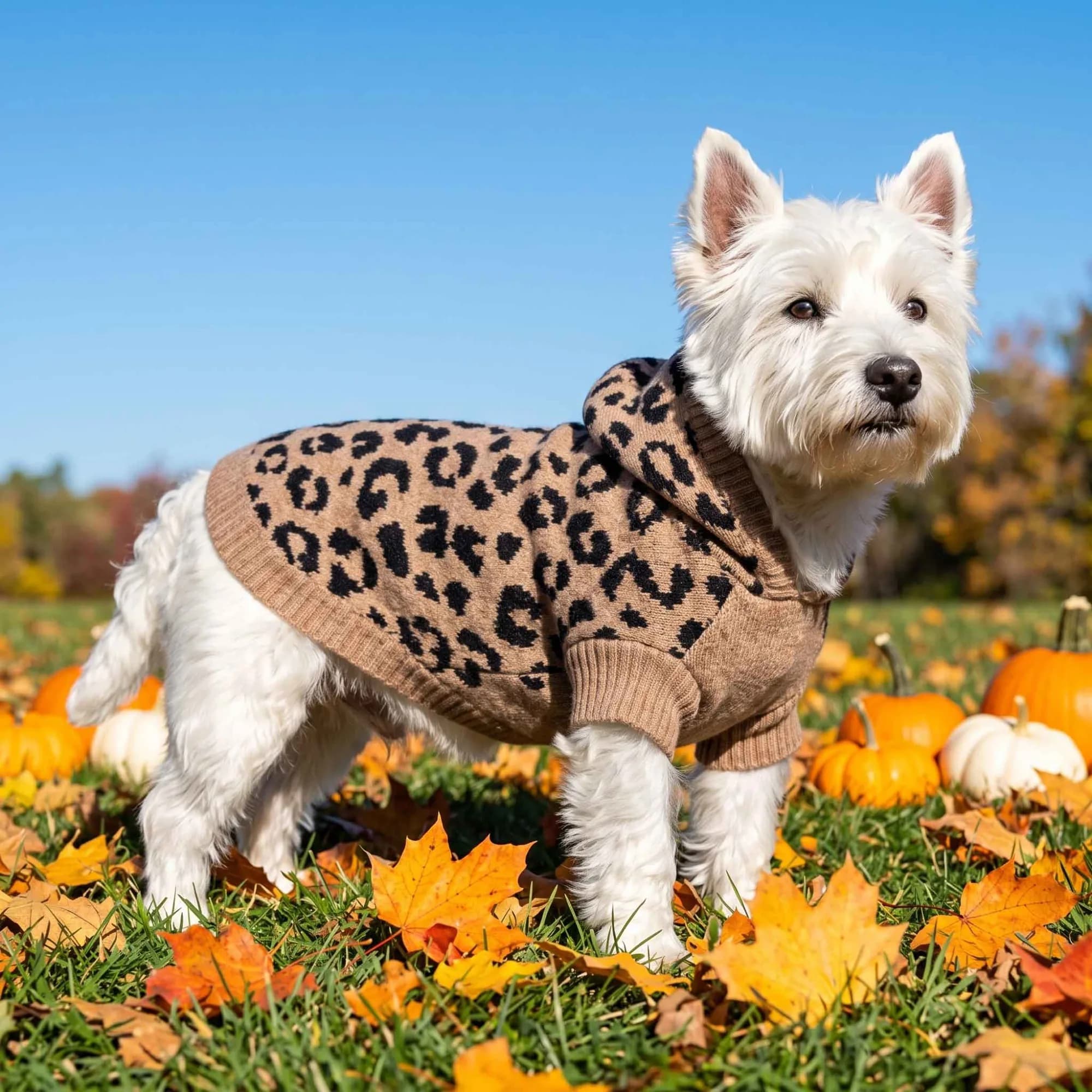 White West Highland terrier in the Oodles leopard print hooded dog sweater standing in a sunny field among small pumpkins and fallen maple leaves