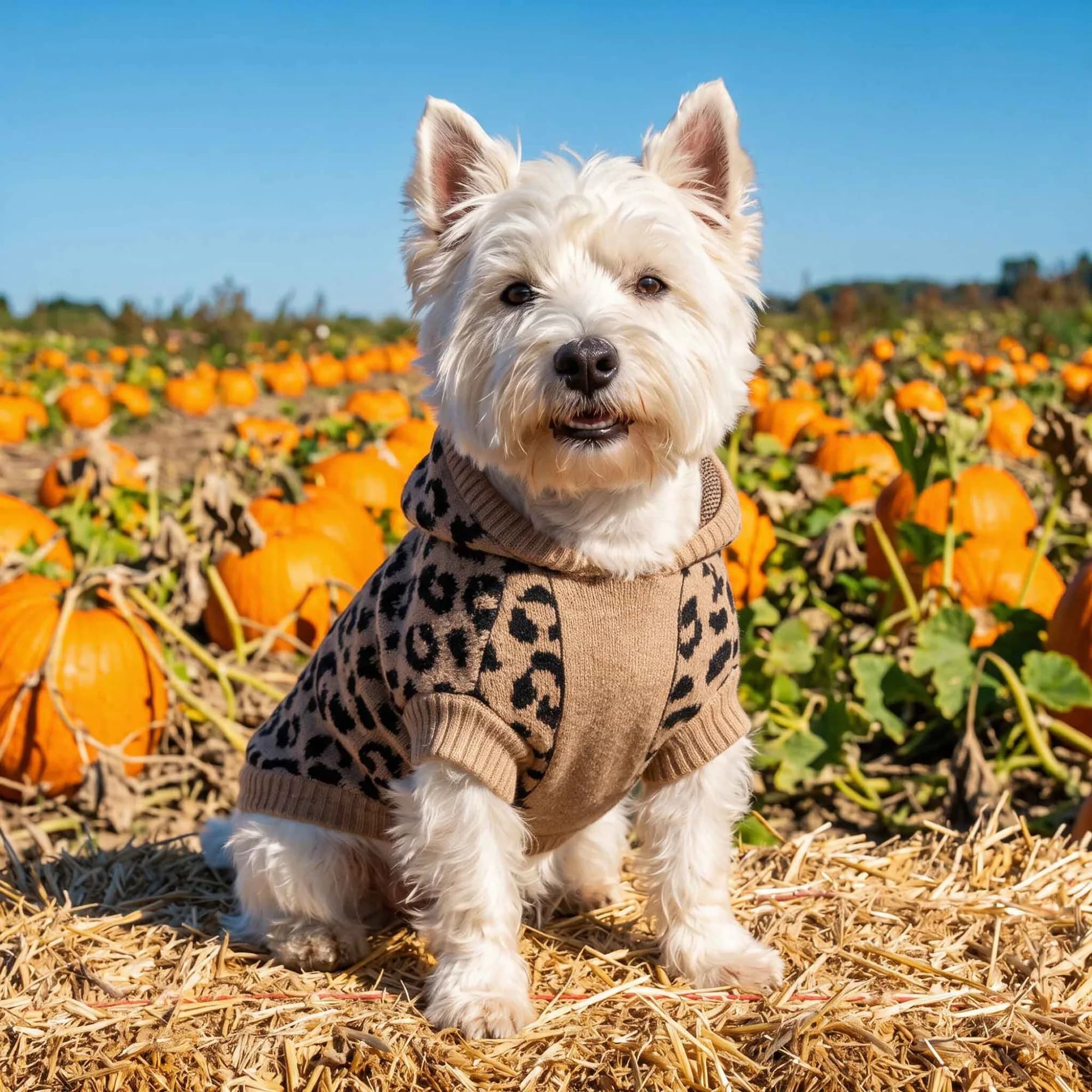 Westie in the Oodles leopard print hooded sweater sitting on straw in a pumpkin patch under a clear blue sky