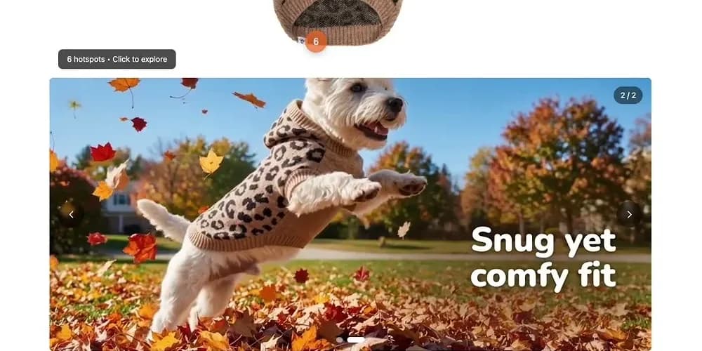Walmart rich-media page for the Oodles leopard print hooded dog sweater: the foot of a six-hotspot product tour above a video carousel showing a Westie leaping through fall leaves beside the snug yet comfy fit headline